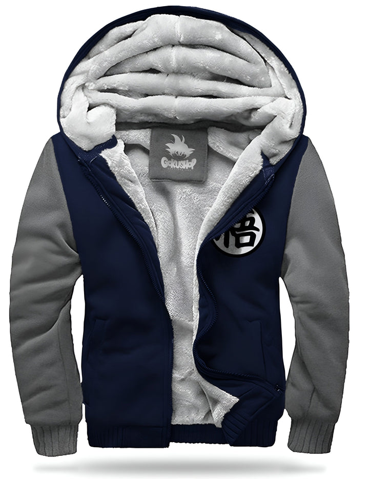Une veste zippée à capuche de couleur bleu marine et grise avec le logo de Dragon Ball Z.,VE-6289888684,VE-4309916910,VE-784597465X,VE-3536997252,VE-3469965307,VE-7594147677,VE-7922050577,VE-1778755968