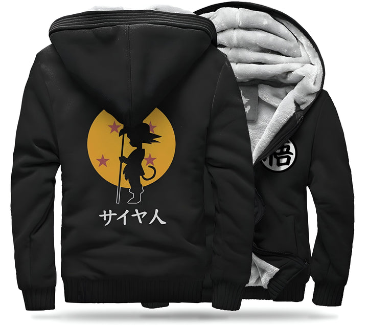 Une veste noire à capuche avec une image de Son Goku, un personnage de Dragon Ball Z. Il porte un bâton et il est entouré de 4 étoiles et du logo de Dragon Ball Z.,VE-9094969742,VE-0224546511,VE-0764063626,VE-0734988451,VE-4339466611,VE-8931439407,VE-8609308456,VE-6364673805