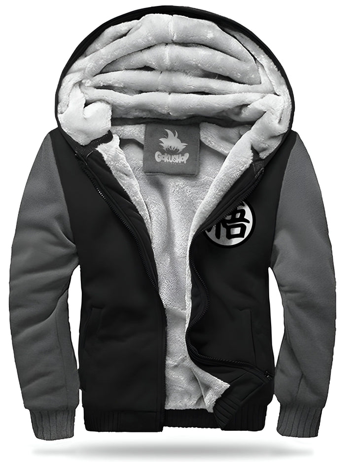Une veste noire et grise avec une capuche et une doublure en fourrure. Le logo de Dragon Ball Z est imprimé sur la poitrine.,VE-4326927550,VE-6931968440,VE-8694557363,VE-4872078896,VE-1887294074,VE-1148576223,VE-063369455X,VE-7781289994