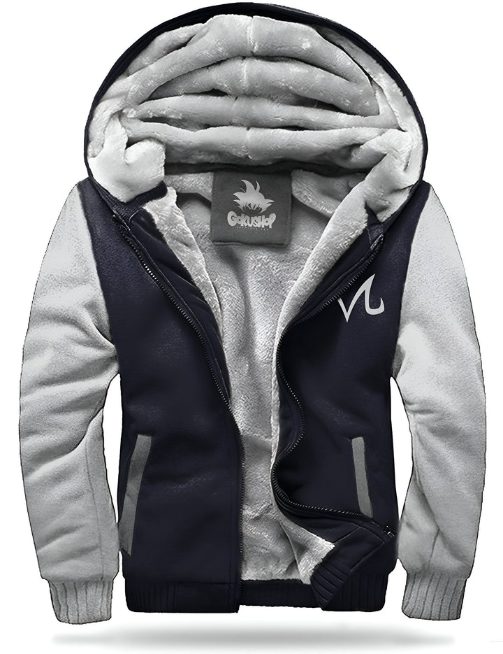 Une veste noire et grise avec une capuche et une doublure en fourrure. Le logo Vegeta de Dragon Ball Z est brodé sur la poitrine.,VE-7144817329,VE-6145692626,VE-1169783066,VE-7797566968,VE-2314480805,VE-513508777X,VE-6949513496