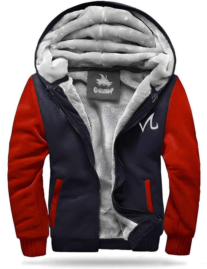 Une veste d'hiver bleue et rouge avec une capuche et une doublure en fourrure blanche. Le logo de Dragon Ball Z est brodé sur la poitrine.,25894984-red-m-china,25894984-red-l-china,25894984-red-xl-china,25894984-red-xxl-china,25894984-red-xxxl-china,25894984-red-4xl-china,25894984-red-5xl-china