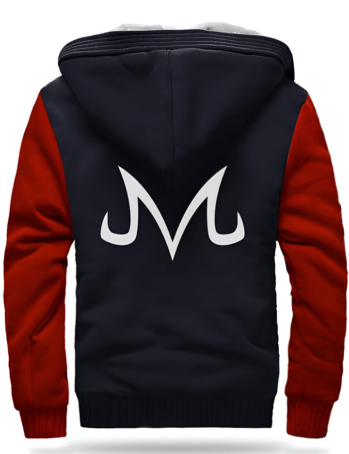 Une veste bleue et rouge avec le symbole de Majin Vegeta dans le dos.,25894984-red-m-china,25894984-red-l-china,25894984-red-xl-china,25894984-red-xxl-china,25894984-red-xxxl-china,25894984-red-4xl-china,25894984-red-5xl-china