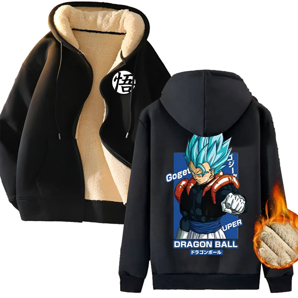 Une veste noire à capuche avec une doublure en fourrure blanche. Sur le devant de la veste, il y a une image de Son Goku, un personnage de la série animée Dragon Ball.,VE-2622125232,VE-7994304028,VE-9229090328,VE-9519126902,VE-0990268683,VE-3397297095,VE-9839455125