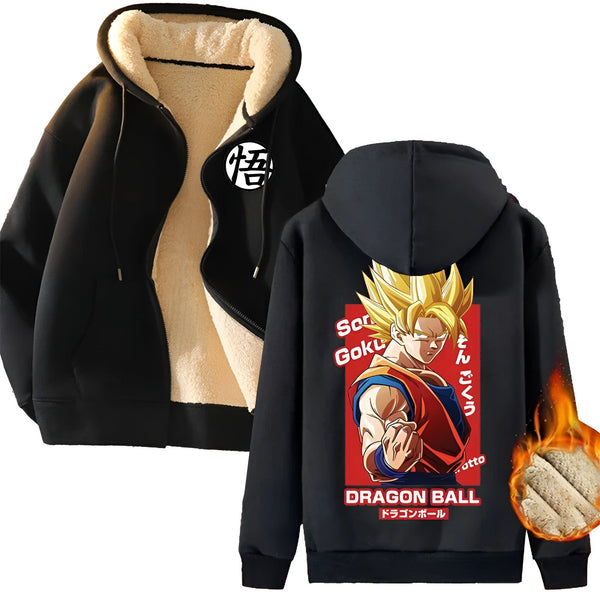 Une veste noire à capuche avec une doublure en fourrure. Sur le devant de la veste, il y a une image de Son Goku, un personnage de la série animée Dragon Ball Z.,VE-7293190891,VE-2243066564,VE-3788664584,VE-5847393377,VE-9751746957,VE-6118180997,VE-9524915480