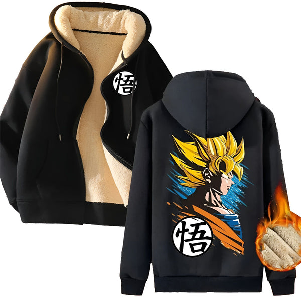 Une veste noire à capuche avec une image de Son Goku, un personnage de Dragon Ball Z, imprimée dans le dos. La veste est doublée de fourrure blanche.,VE-1736452932,VE-6837800698,VE-5255621129,VE-1298626714,VE-8157194210,VE-9418984962,VE-184802648X