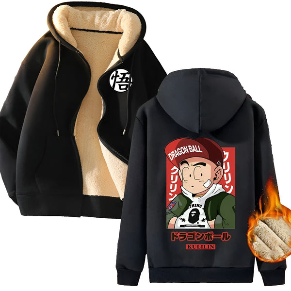 Une image d'un sweat à capuche noir avec une doublure en fourrure blanche. Le sweat à capuche a une fermeture éclair sur le devant et une capuche avec un cordon de serrage. Il y a un motif imprimé sur le devant du sweat à capuche qui représente un personnage de dessin animé.,VE-1982136944,VE-6939941665,VE-4286729621,VE-1592463959,VE-4859418646,VE-3460206969,VE-2876622289