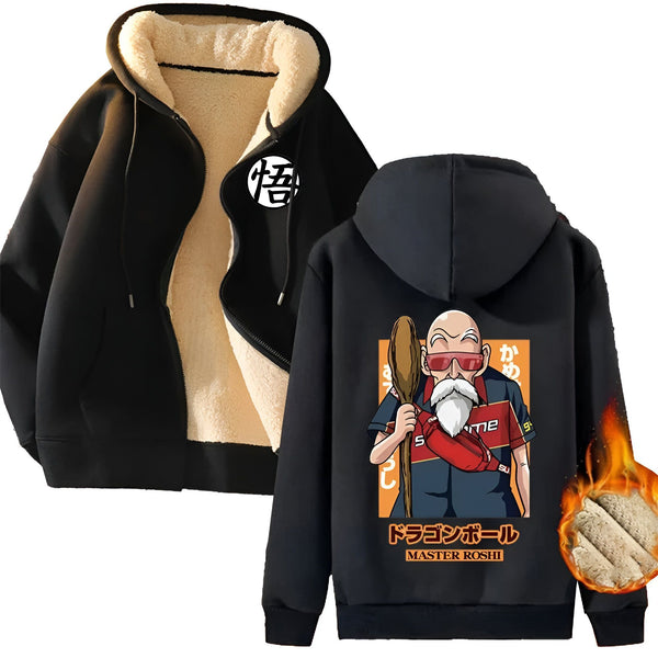 L'image montre un sweat à capuche noir avec une doublure en fourrure blanche. Le sweat à capuche a une fermeture éclair sur le devant et une capuche avec un cordon de serrage. Il y a une image de Master Roshi, un personnage de Dragon Ball Z, imprimée au dos du sweat à capuche.,VE-1492887625,VE-0221886753,VE-5317118360,VE-1585405604,VE-1935116665,VE-131460631X,VE-0797131329