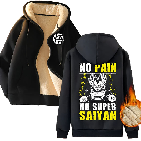 Une veste noire à capuche avec le logo de Dragon Ball Z et le texte "No pain no super saiyan",VE-2122872934,VE-0847380114,VE-4478836388,VE-7133129469,VE-3852315506,VE-4833668106,VE-708063167X