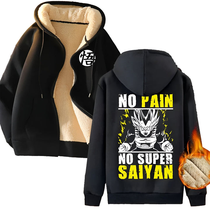 Une veste noire à capuche avec le logo de Dragon Ball Z et le texte "No pain no super saiyan",VE-2122872934,VE-0847380114,VE-4478836388,VE-7133129469,VE-3852315506,VE-4833668106,VE-708063167X
