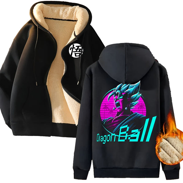 Une veste noire à capuche avec une doublure en fourrure blanche. Il y a une image de Vegeta, un personnage de Dragon Ball Z, sur le devant de la veste. Le texte "Dragon Ball Z" est écrit sur le dos de la veste.,VE-4544942365,VE-3799924264,VE-4094011935,VE-7868952652,VE-8093115226,VE-5838015942,VE-7333295931