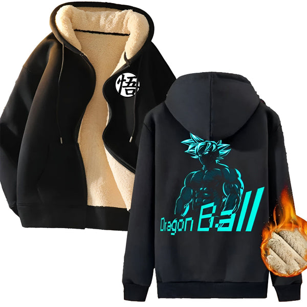 Une image d'un sweat à capuche noir avec une doublure en fourrure blanche. Le sweat à capuche a une image de Son Goku, un personnage de la série animée Dragon Ball Z. Le texte "Dragon Ball Z" est écrit en bleu sur le dos du sweat à capuche.,VE-5445136175,VE-8864791574,VE-8453684464,VE-4041033373,VE-442876801X,VE-1265487774,VE-5180798396
