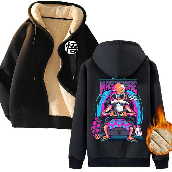 L'image montre un sweat à capuche noir avec une doublure en fourrure blanche. Le sweat à capuche a une fermeture éclair sur le devant et une capuche avec un cordon de serrage. Il y a une image imprimée sur le devant du sweat à capuche. L'image montre un personnage de dessin animé jouant à un jeu vidéo. Le personnage est assis sur un canapé et tient une manette de jeu. Il y a une tortue et un chat à côté du personnage. Le sweat à capuche est disponible en plusieurs tailles.
