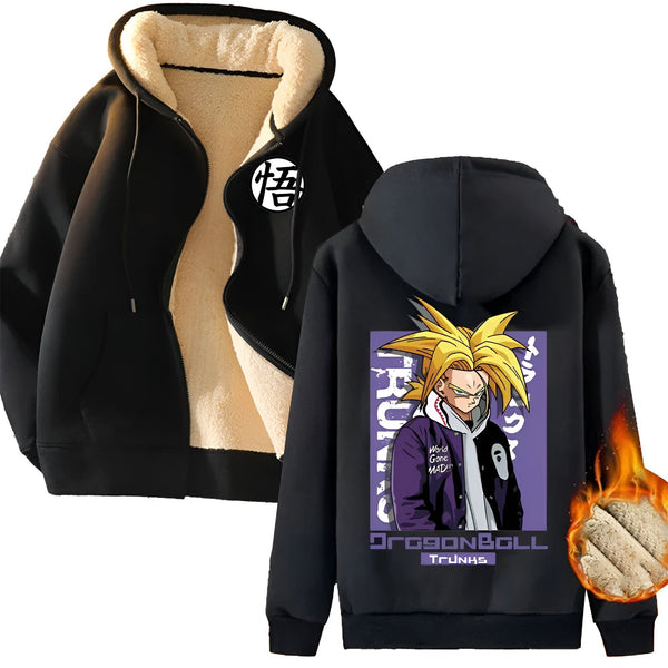 Une veste noire à capuche avec une doublure en fourrure blanche. Sur le devant de la veste, il y a une image d'un personnage de dessin animé avec des cheveux jaunes et des yeux bleus. Le personnage porte une veste noire et un pantalon orange. Il y a aussi un logo sur la manche de la veste qui dit "Dragon Ball".,VE-6629041011,VE-570472597X,VE-3294113900,VE-2109263164,VE-1615378146,VE-7317574104,VE-2981911686