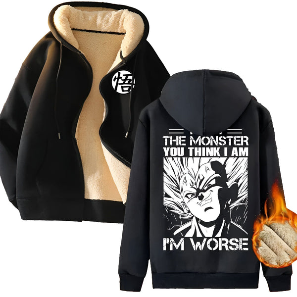 Une image d'un sweat à capuche noir avec une doublure en fourrure blanche. Le sweat à capuche a une fermeture éclair sur le devant et une capuche avec un cordon de serrage. Il y a un imprimé sur le dos du sweat à capuche qui représente un personnage de dessin animé avec les mots "The monster you think I am, I'm worse" (Le monstre que tu penses que je suis, je suis pire).,VE-8617695412,VE-6969631559,VE-1588019047,VE-3112143000,VE-1004011687,VE-3761984731,VE-1110717172