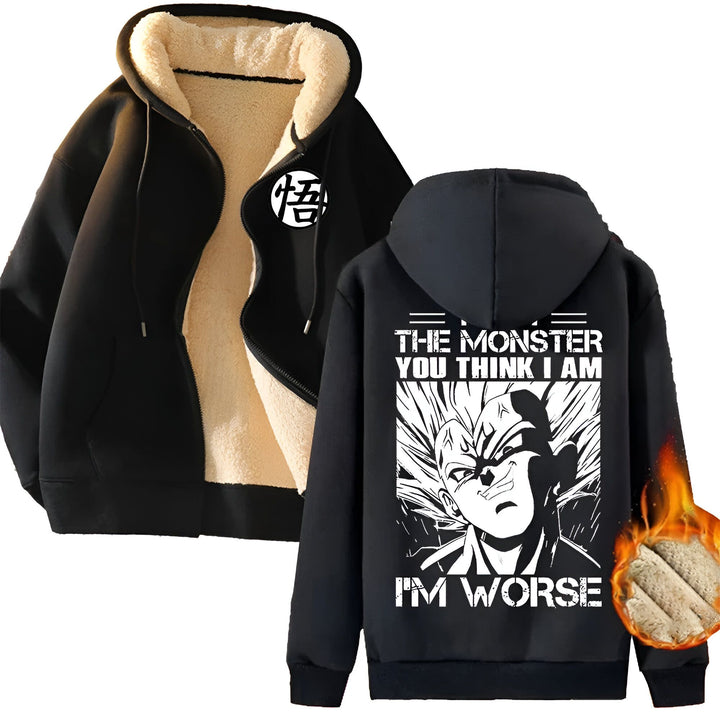 Une image d'un sweat à capuche noir avec une doublure en fourrure blanche. Le sweat à capuche a une fermeture éclair sur le devant et une capuche avec un cordon de serrage. Il y a un imprimé sur le dos du sweat à capuche qui représente un personnage de dessin animé avec les mots "The monster you think I am, I'm worse" (Le monstre que tu penses que je suis, je suis pire).,VE-8617695412,VE-6969631559,VE-1588019047,VE-3112143000,VE-1004011687,VE-3761984731,VE-1110717172