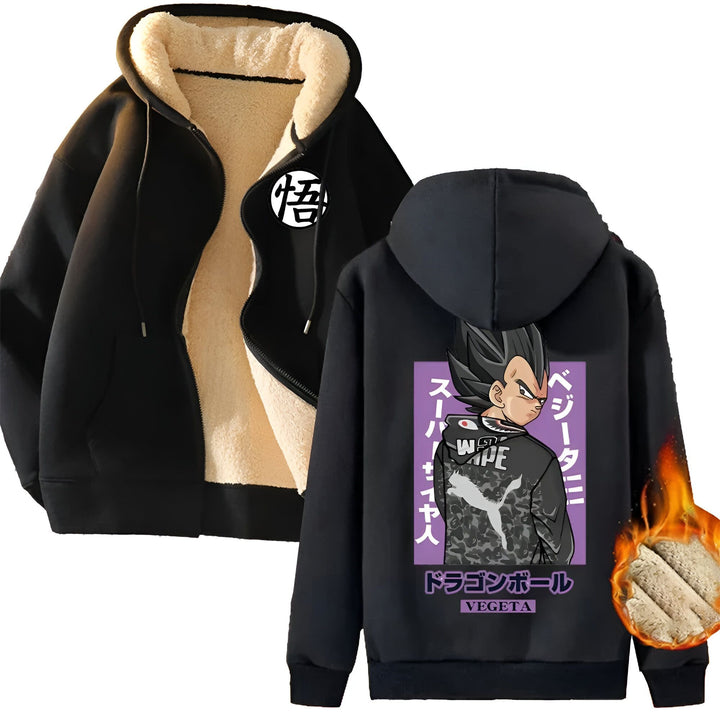 L'image montre un sweat à capuche noir avec une doublure en fourrure blanche. Il y a une image de Vegeta, un personnage de Dragon Ball Z, sur le devant du sweat à capuche. Le texte "Dragon Ball" est écrit en japonais sur le côté du sweat à capuche.,VE-3439215997,VE-1582452717,VE-6987079188,VE-2012122795,VE-7388664882,VE-0997267305,VE-8440027486