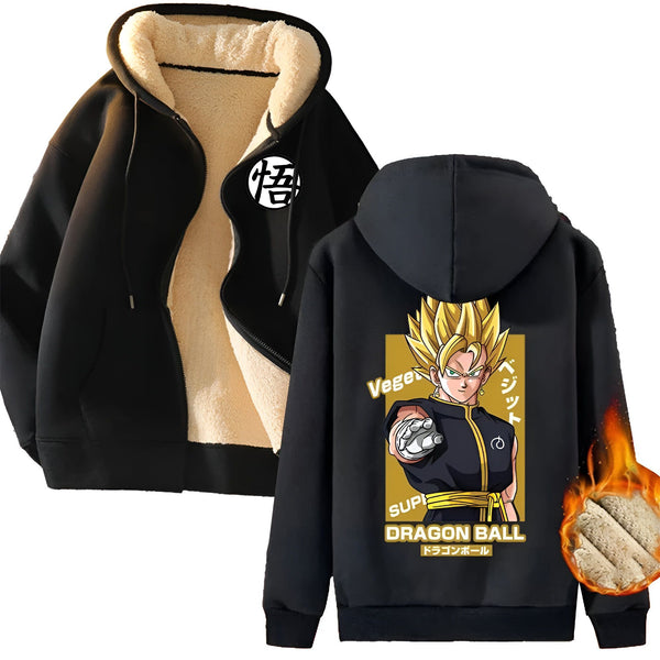 Une image d'un sweat à capuche noir avec une doublure en fourrure blanche. Le sweat à capuche a une image de Vegeta, un personnage de la série animée Dragon Ball Z. Le texte "Dragon Ball" est écrit en japonais sur le côté droit du sweat à capuche.,VE-8238571286,VE-8813270305,VE-4145320964,VE-6320868767,VE-2839522462,VE-5423332117,VE-1704867371
