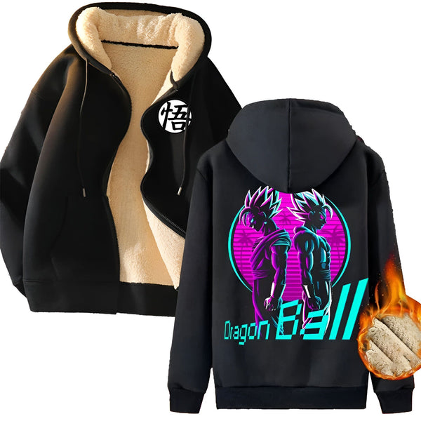 Une veste noire à capuche avec une doublure en fourrure blanche. Il y a une image de Goku et Vegeta, deux personnages de l'anime Dragon Ball Z, sur le dos de la veste.,VE-5797413728,VE-4590336316,VE-5469853675,VE-339719668X,VE-3043620690,VE-8631549959,VE-3162232422