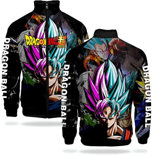 Une veste noire à manches longues avec une image de Son Goku, un personnage de Dragon Ball Z. Il est vêtu d'un gilet pare-balles orange et bleu et a les cheveux bleus. Il est entouré d'autres personnages de la série, notamment Vegeta, Piccolo, Gohan et Krilin.,VE-7080064821,VE-3691485766,VE-9180931286,VE-5920005815