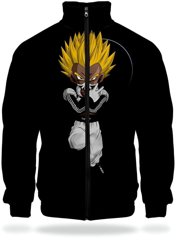 Une veste noire avec une image de Son Gohan, un personnage de Dragon Ball Z. Il est représenté avec la peau foncée, des cheveux jaunes et des vêtements noirs et blancs. Il a une attitude décontractée et porte un bandana sur le visage.,VE-1389416917,VE-1858452996,VE-9407598241,VE-2634870078