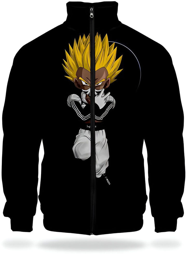 Une veste noire avec une image de Son Gohan, un personnage de Dragon Ball Z. Il est représenté avec la peau foncée, des cheveux jaunes et des vêtements noirs et blancs. Il a une attitude décontractée et porte un bandana sur le visage.,VE-1389416917,VE-1858452996,VE-9407598241,VE-2634870078