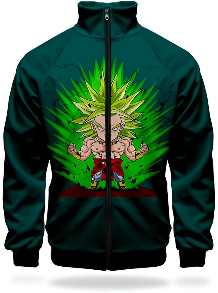 Une image d'un sweat-shirt vert avec une image de Broly, un personnage de Dragon Ball Z. Broly est un Saiyan légendaire et l'un des ennemis les plus puissants de Goku. Il est représenté avec des cheveux verts et des muscles saillants. Il porte une combinaison orange et bleue. Le sweat-shirt est zippé et possède un col montant.,VE-7301837208,VE-9494107837,VE-5730856229,VE-608558623X