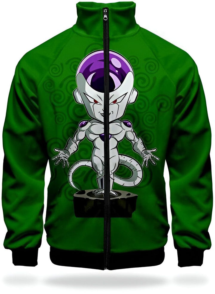 Cette image représente un sweat-shirt vert à fermeture éclair avec une image de Freezer, un personnage de Dragon Ball Z. Freezer est représenté avec une expression menaçante, les mains en l'air, et est entouré d'un fond vert avec des motifs tourbillonnants.,VE-8280136746,VE-0032406096,VE-5435301602,VE-3873516306,VE-7450955555,VE-8486259827,VE-4167370786,VE-5608393511