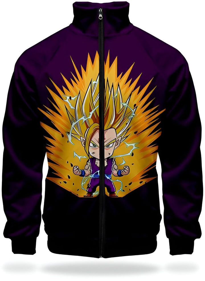 L'image représente un sweat-shirt Dragon Ball Z pour homme. Il est de couleur violette et possède une fermeture éclair. Sur le devant, on peut voir le personnage de Gohan en train de se battre. Il est entouré d'une aura jaune et bleue.,VE-0926631365,VE-5695224926,VE-5682024079,VE-0897493966,VE-0068560192,VE-6447599459,VE-511713088X