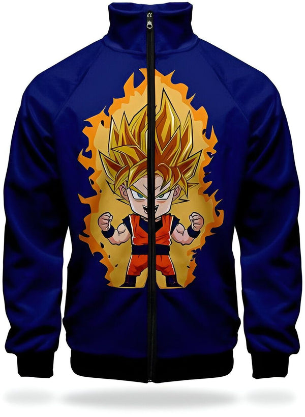 Une veste bleue avec une image de Son Goku, un personnage de Dragon Ball Z. Il est représenté en train de se mettre en colère, avec les cheveux jaunes et les yeux bleus. Il est entouré d'un feu orange.,VE-4622641151,VE-3713155453,VE-009910461X,VE-4055760299,VE-0684175940,VE-7941063077,VE-0952354411,VE-6418727789