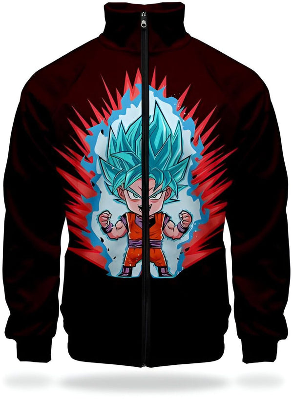 Une veste noire avec une image de Son Goku, un personnage de Dragon Ball Z, en train de se mettre en colère. Il est entouré d'une aura bleue et rouge.,VE-8894509494,VE-4468362421,VE-2622799640,VE-0497812711,VE-0661597571,VE-7503618876,VE-0147733723,VE-2329829698