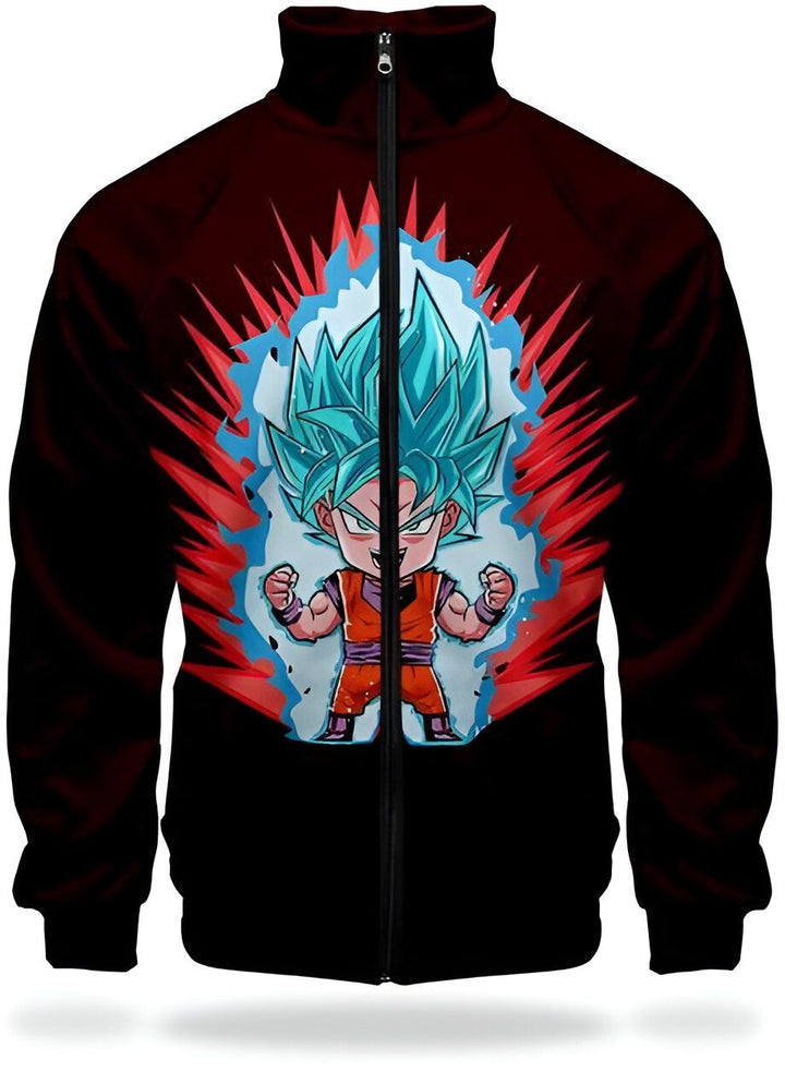 Une veste noire avec une image de Son Goku, un personnage de Dragon Ball Z, en train de se mettre en colère. Il est entouré d'une aura bleue et rouge.,VE-8894509494,VE-4468362421,VE-2622799640,VE-0497812711,VE-0661597571,VE-7503618876,VE-0147733723,VE-2329829698