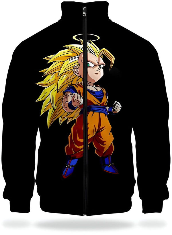 L'image représente un sweat-shirt noir à fermeture éclair avec une image de Son Goku, un personnage de la série animée Dragon Ball Z. Son Goku est représenté avec les cheveux jaunes et les yeux bleus, et il porte une combinaison orange et bleue. Il est en position de combat, avec les poings serrés et les jambes écartées.,VE-8383155727,VE-8347106002,VE-3321922541,VE-5765302483