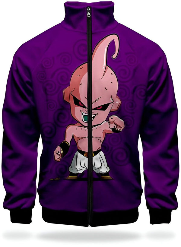L'image représente une veste zippée violette à col montant. Sur la veste, on peut voir un personnage de dessin animé, Majin Buu, qui est rose et qui a une tête ronde avec des antennes. Il porte un pantalon blanc et une ceinture verte. Il est en train de sourire et de pointer du doigt vers la droite.,VE-2943114510,VE-6702297157,VE-9155922260,VE-2953098755