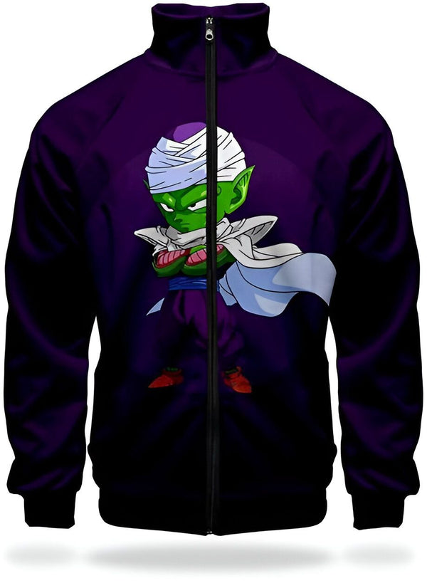 Cette image représente un sweat-shirt violet à l'effigie de Piccolo, un personnage de Dragon Ball Z. Piccolo est un Namek, une race d' extraterrestres humanoïdes originaire de la planète Namek. Il est le fils de Katas, le frère de Raditz et l'oncle de Son Gohan. Piccolo est un personnage complexe et ambigu, qui a évolué au fil de la série. Il est d'abord présenté comme un ennemi de Son Goku, mais il finit par devenir son allié. Piccolo est un personnage puissant et intelligent, qui est toujours