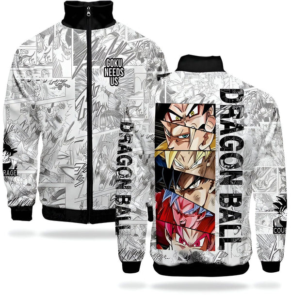 Une veste Dragon Ball Z blanche avec une image de Goku, Vegeta, Gohan et Trunks.,VE-7784545630,VE-2522555758,VE-9505818262,VE-7003230933