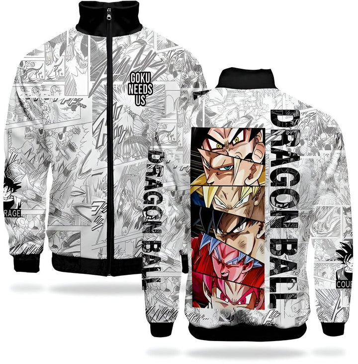Une veste Dragon Ball Z blanche avec une image de Goku, Vegeta, Gohan et Trunks.,VE-7784545630,VE-2522555758,VE-9505818262,VE-7003230933