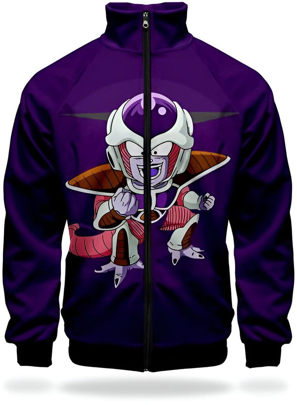 Cette image représente une veste de survêtement violette à col montant. Elle est zippée sur le devant et possède deux poches latérales. Sur le devant de la veste, on peut voir un personnage de dessin animé, Freezer, qui est un extraterrestre violet avec une tête blanche et des ailes. Il est en train de se mettre en position de combat.,VE-8105104431,VE-2908701537,VE-9009091058,VE-2303475236