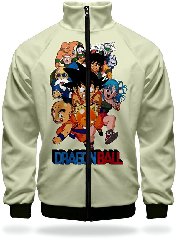 Une veste Dragon Ball Z beige avec une fermeture éclair sur le devant. L'image montre Goku, Gohan, Piccolo, Krilin, Yamcha,天津飯, Chiaotzu, Bulma et Tortue Géniale.,VE-1546937293,VE-961692625X,VE-5966882347,VE-9236583040,VE-6827274993,VE-4944585756,VE-8324457615,VE-7170197898