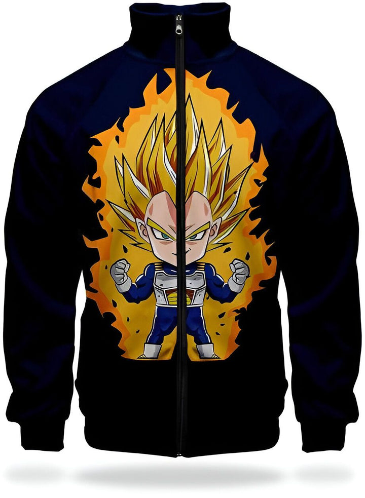 Une image d'un sweat-shirt bleu marine à col montant avec une image de Vegeta, un personnage de la série animée Dragon Ball Z. Vegeta est représenté en train de se mettre en colère, avec ses cheveux blonds hérissés et ses muscles saillants. Il est entouré d'une aura jaune et porte une armure bleue et jaune.,VE-8922728043,VE-5191377931,VE-2445973872,VE-9262293925,VE-6084918662,VE-6485345205,VE-8753828224,VE-9967530715