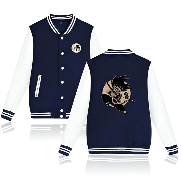 Une veste d'étudiant bleu marine avec des manches blanches et une image de Son Goku, un personnage de Dragon Ball Z.,VE-584062764X,VE-4238407822,VE-4020223173,VE-6866746442,VE-5715300274,VE-5370938822