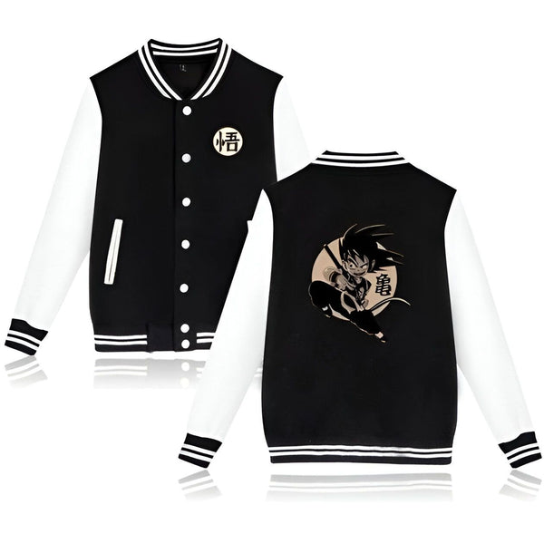 Une veste de baseball noire et blanche avec un motif de Goku, un personnage de Dragon Ball Z.,VE-5967732632,VE-3186362296,VE-7360501806,VE-0546991696,VE-8358649800,VE-2177051142