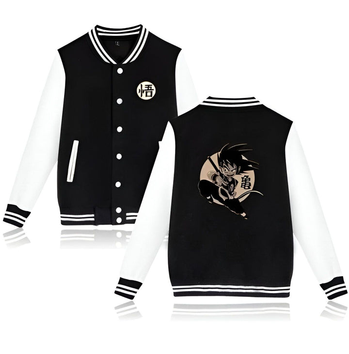 Une veste de baseball noire et blanche avec un motif de Goku, un personnage de Dragon Ball Z.,VE-5967732632,VE-3186362296,VE-7360501806,VE-0546991696,VE-8358649800,VE-2177051142