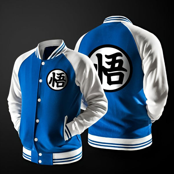 Une veste de baseball bleue et blanche avec le logo de Goku de Dragon Ball Z.,VE-5250709427,VE-7910717121,VE-5483346319,VE-8868027712,VE-3598617062