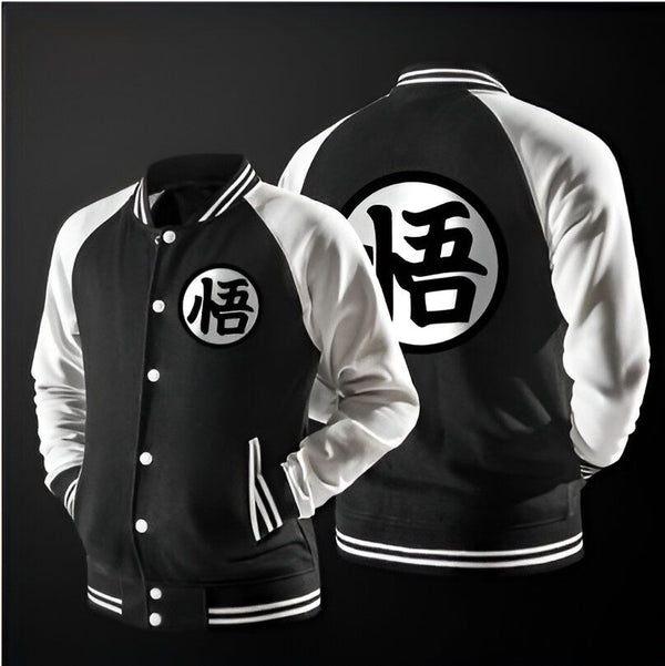 Une veste de baseball noire et blanche avec le logo de Dragon Ball Z sur le dos.,VE-3813558703,VE-1396714294,VE-370849654X,VE-7795635539,VE-7963448079